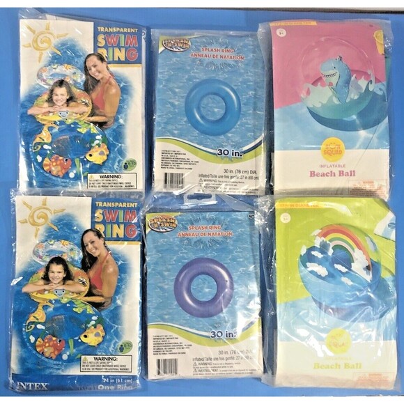 6 Inflatables Beach Pool Swim Rings 24”-30" & 17.5” Beach Balls for Kids 4-10 - Picture 1 of 8